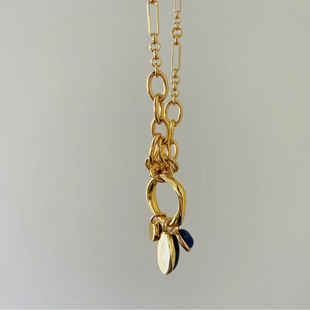 $88 NWT Madewell Semiprecious Tiger's Eye Lapis Stone Gold Chain Charm Necklace - Picture 8 of 12